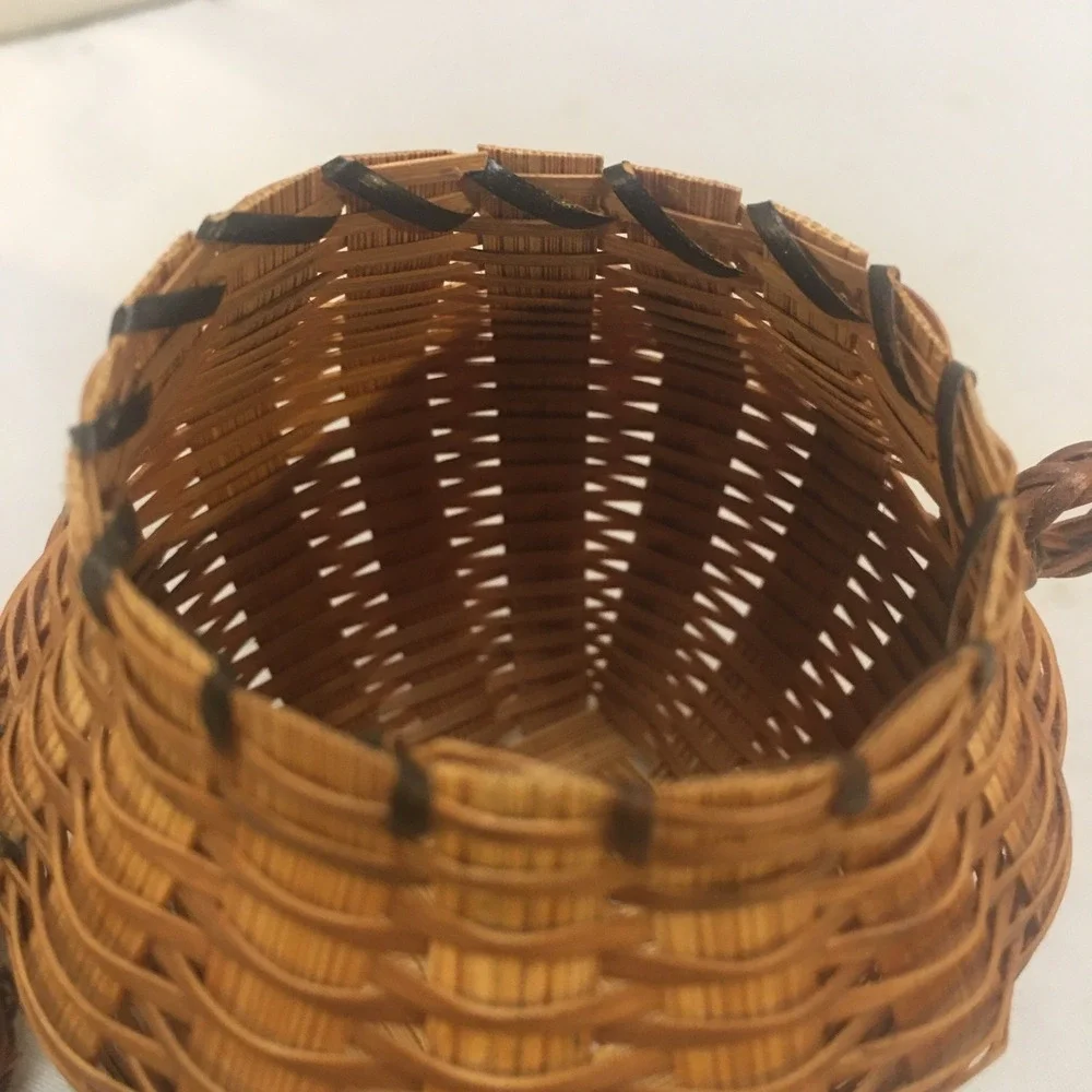 Woven Bamboo Mini Trinket Basket Unisex Brown Handcrafted Lid Cottagecore Boho